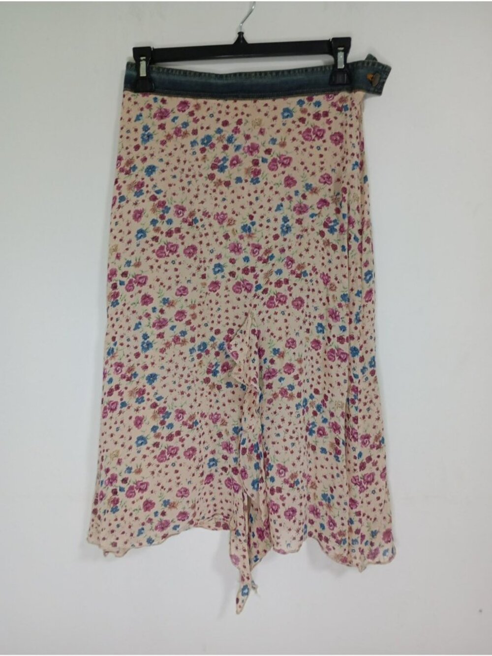 Kookai Skirt Midi Floral Beige Wrap With Denim Waistband Size 36 (S) Boho Style